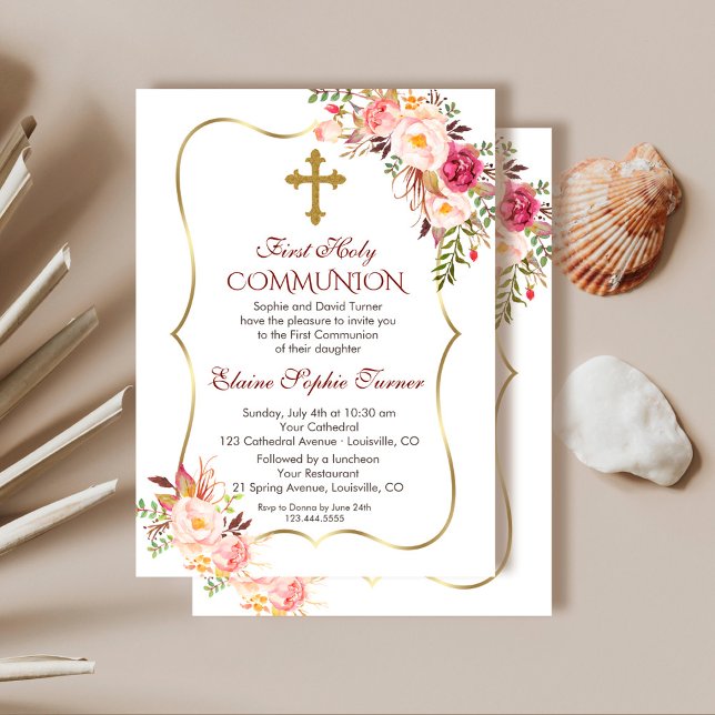 Chic Blush Pink Floral Gold First Holy Communion Invitation (floral gold holy communion invitation, trendy blush floral communion invitation, pink  communion)