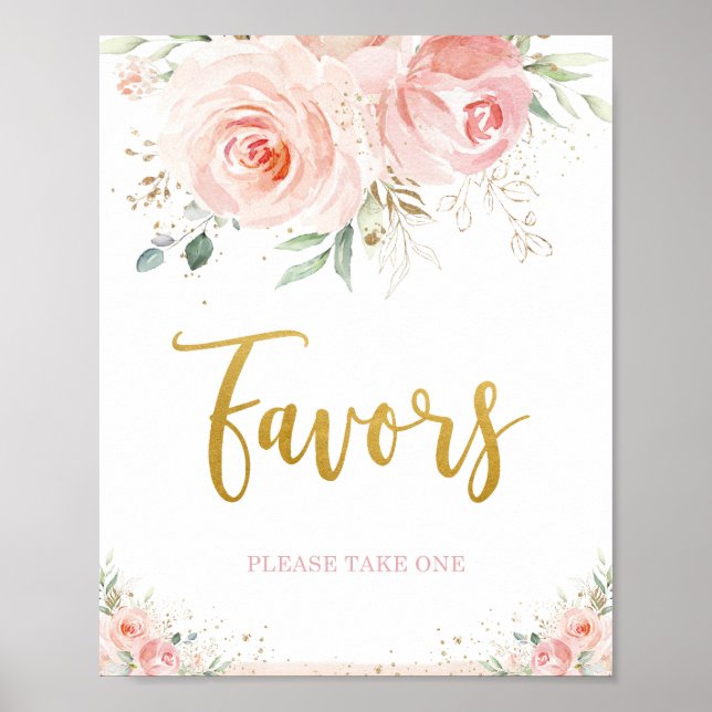 Chic Blush Pink Floral Gold Foliage Favours Sign (Front)