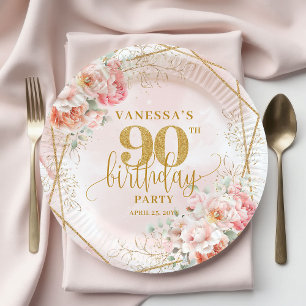 Chic Blush Pink Floral Gold Frame 90th Birthday Paper Plate