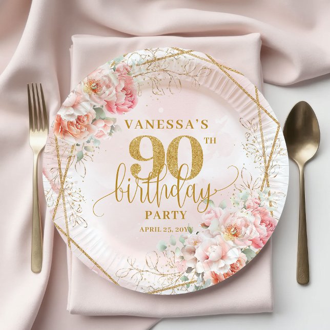 Chic Blush Pink Floral Gold Frame 90th Birthday  Paper Plate (Chic Blush Pink Floral Gold Frame 90th Birthday Plates)