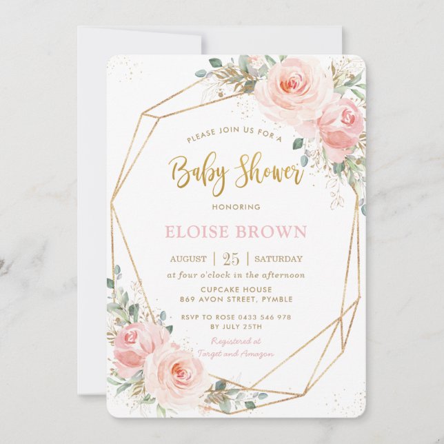 Chic Blush Pink Floral Gold Geometric Baby Shower  Invitation (Front)