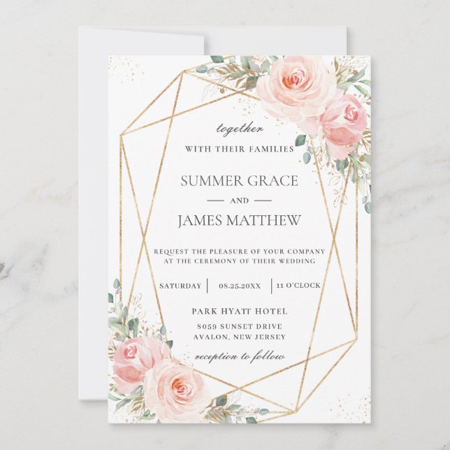 Chic Blush Pink Floral Gold Geometric Wedding  Invitation (Front)