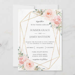 Chic Blush Pink Floral Gold Geometric Wedding Invitation