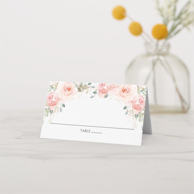 Chic Blush Pink Floral Gold Guest Name Place Card (Front)