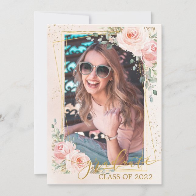 Chic Blush Pink Floral Graduation Photo Pictures Announcement (Front)