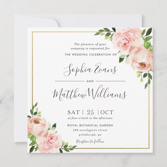 Chic Blush Pink Floral Greenery Gold Wedding Invitation (Front)