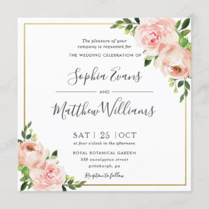 Chic Blush Pink Floral Greenery Gold Wedding Invitation
