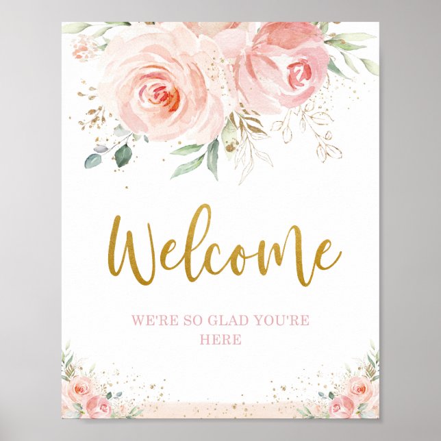 Chic Blush Pink Floral Greenery Gold Welcome Sign (Front)