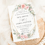 Chic Blush Pink Floral Greenery Wedding Geometric Invitation<br><div class="desc">This chic wedding invitation features a gold glitter geometric frame adorned by delicate watercolor blush pink floral and soft greenery foliage. Personalise it with your details easily and quickly, simply press the customise it button to further re-arrange and format the style and placement of the text. (c) The Happy Cat...</div>