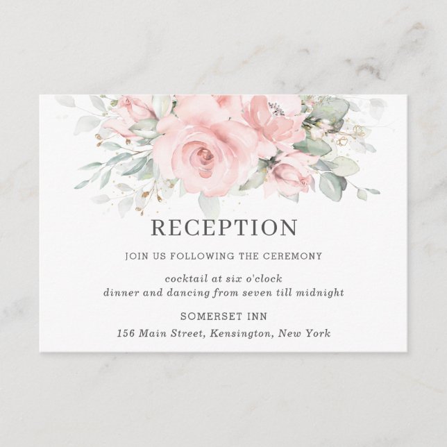Chic Blush Pink Floral Greenery Wedding Reception Enclosure Card (Front)