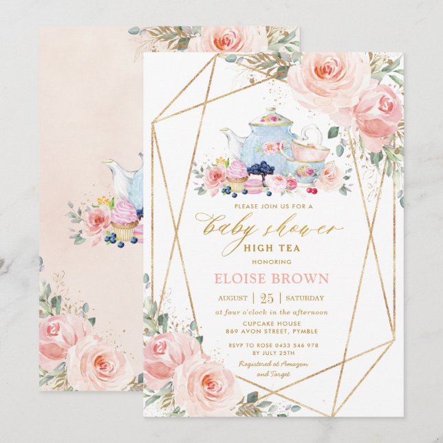 Chic Blush Pink Floral High Tea Baby Shower  Invitation (Front/Back)