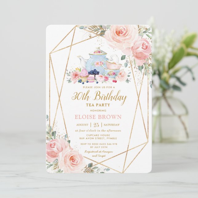 Chic Blush Pink Floral High Tea Birthday Party Invitation (Standing Front)