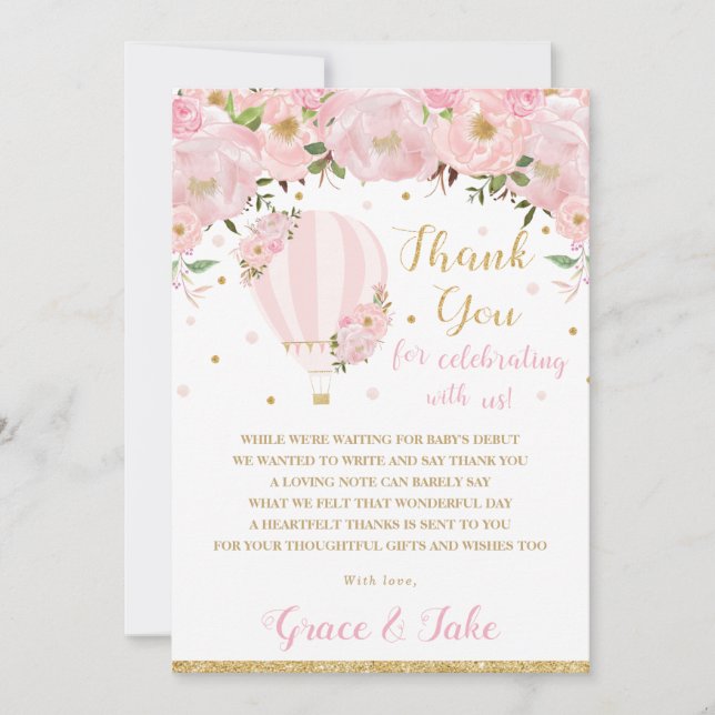 Chic Blush Pink Floral Hot Air Balloon Baby Shower Thank You Card (Front)