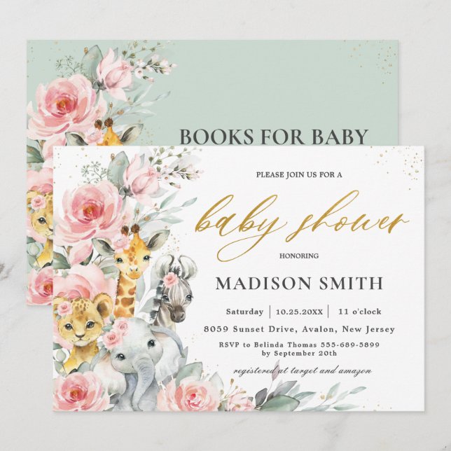 Chic Blush Pink Floral Jungle Animals Baby Shower Invitation (Front/Back)