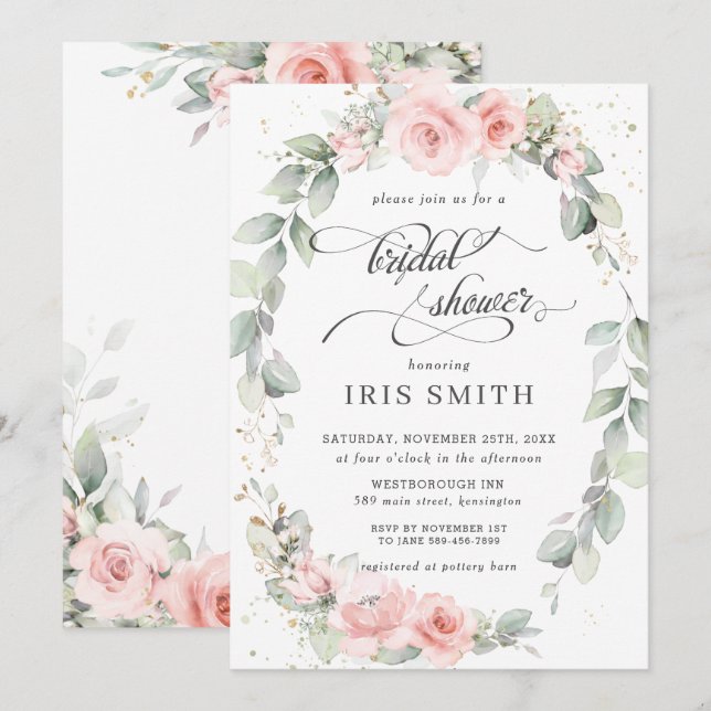 Chic Blush Pink Floral Leafy Wreath Bridal Shower Invitation (Front/Back)