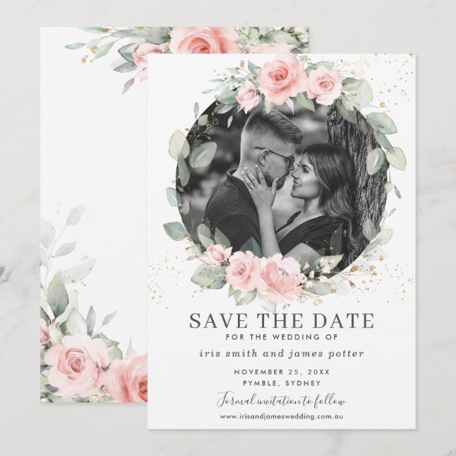 Chic Blush Pink Floral Photo Save the Date Card (Front/Back)