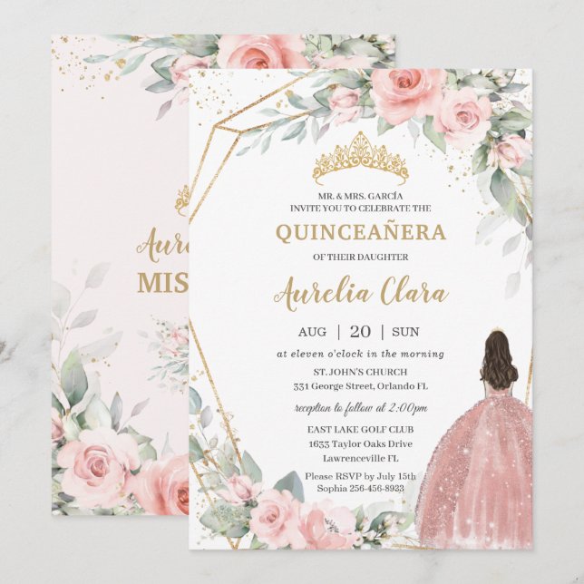 Chic Blush Pink Floral Princess Crown Quinceañera Invitation (Front/Back)