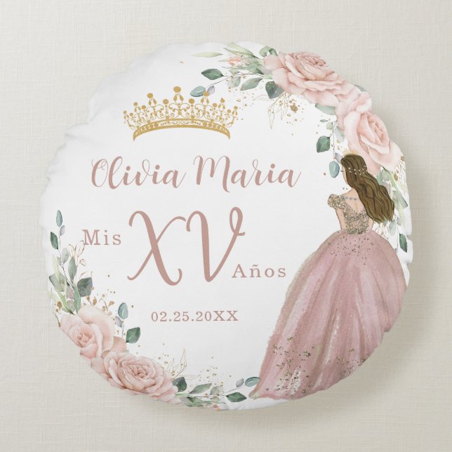 Chic Blush Pink Floral Princess Dress Quinceañera Round Cushion (Front)