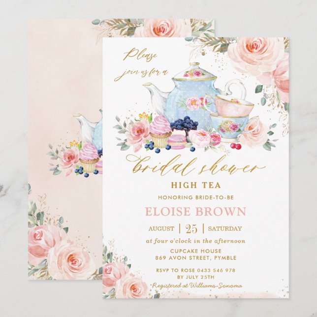 Chic Blush Pink Floral Tea Party Bridal Shower  Invitation (Front/Back)