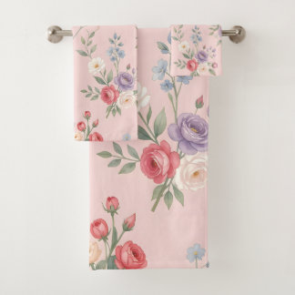 Chic Blush Pink Floral Watercolor Bouquet Bath Towel Set