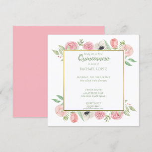Chic Blush Pink Florals   Gold Frame Quinceanera Invitation