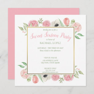 Chic Blush Pink Florals   Gold Frame Sweet Sixteen Invitation