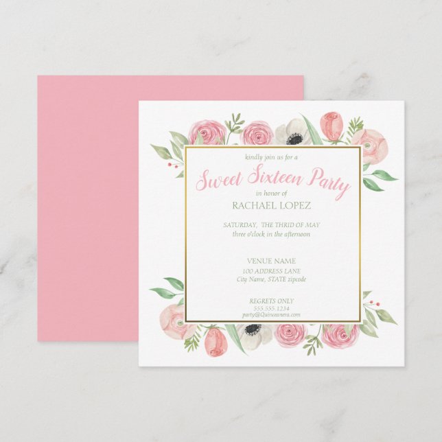 Chic Blush Pink Florals | Gold Frame Sweet Sixteen Invitation (Front/Back)