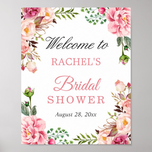 Chic Blush Pink Flowers Bridal Shower Welcome Sign (Front)