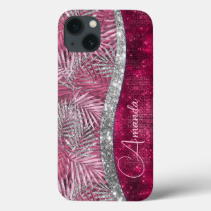 Chic blush pink fuchsia glitter leaves monogram  iPhone 13 case
