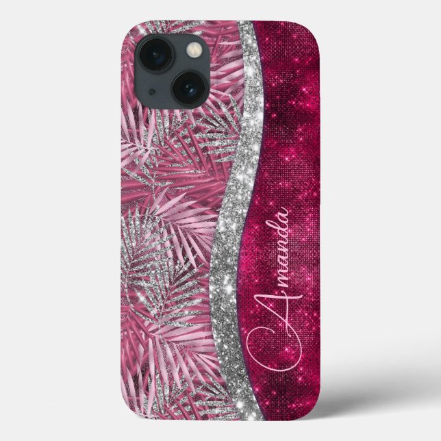 Chic blush pink fuchsia glitter leaves monogram  Case-Mate iPhone case (Back)