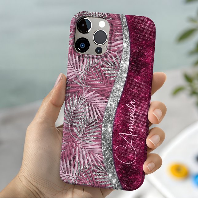 Chic blush pink fuchsia glitter leaves monogram  Case-Mate iPhone case (Creator Uploaded)