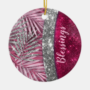 Chic blush pink fuchsia glitter leaves monogram ceramic tree decoration