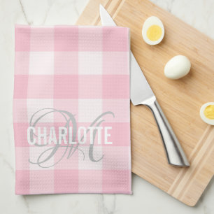 Chic blush pink gingham monogram name tea towel