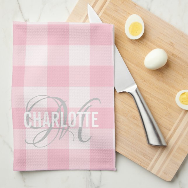 Chic blush pink gingham monogram name tea towel (Quarter Fold)