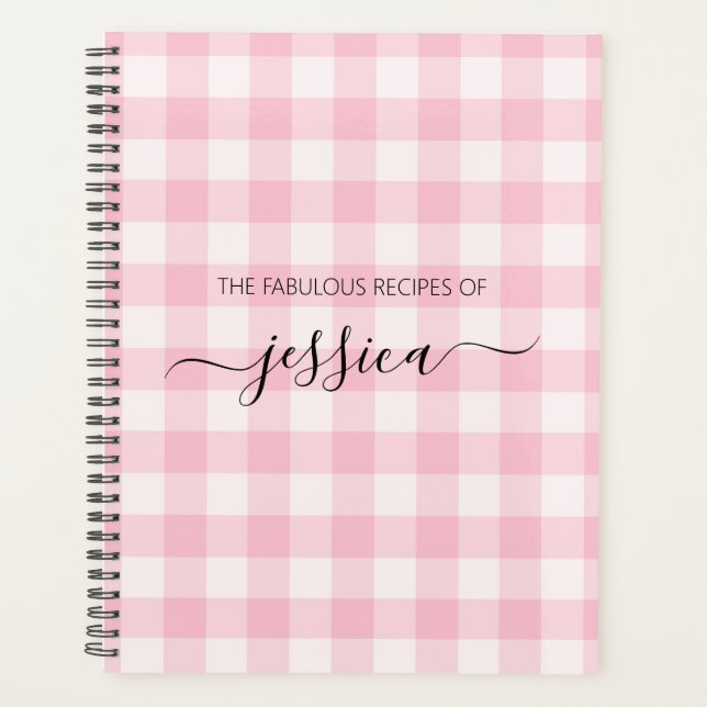 Chic blush pink gingham script name recipe planner (Front)