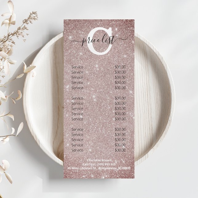 Chic Blush Pink Glitter Monogram Salon Nails Menu (Creator Uploaded)