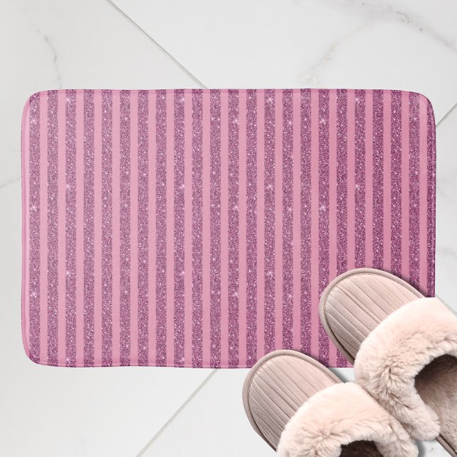 Chic Blush Pink Glitter Style Vertical Stripes Bath Mat (Creator Uploaded)