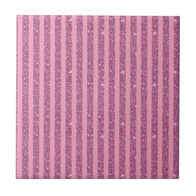 Chic Blush Pink Glitter Style Vertical Stripes Tile (Front)