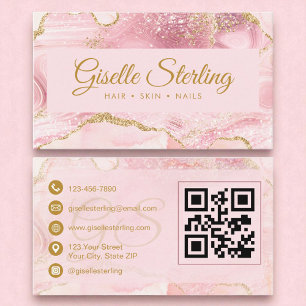 Chic Blush Pink Gold Agate Marble QR Code Business Card