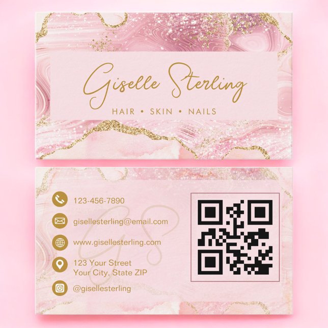Chic Blush Pink Gold Agate Marble QR Code Luxe Business Card (Creator Uploaded)