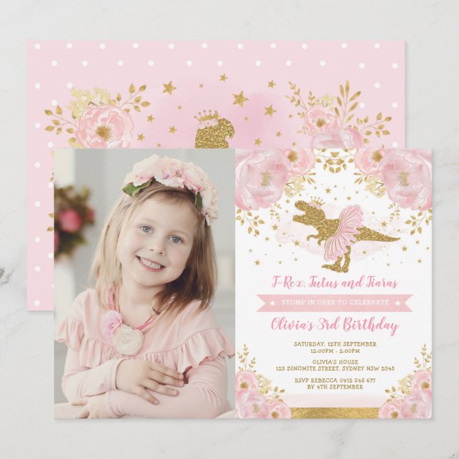 Chic Blush Pink Gold Dinosaur T Rex Girl Birthday Invitation (Front/Back)