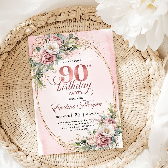 Chic Blush Pink Gold Eucalyptus 90th Birthday  Invitation (Chic Blush Pink Gold Eucalyptus 90th Birthday Invite)