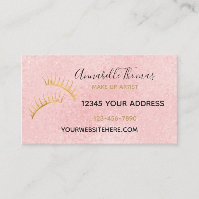 Chic Blush Pink Gold Eyelashes Business Card (Front)