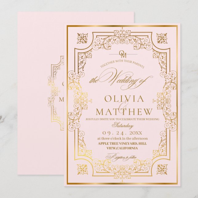 Chic Blush Pink & Gold Flora Script Wedding  Invitation (Front/Back)