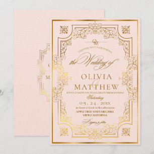 Chic Blush Pink & Gold Flora Script Wedding Invitation