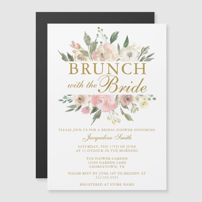 Chic Blush Pink Gold Floral Bridal Brunch Shower Magnetic Invitation (Front/Back)