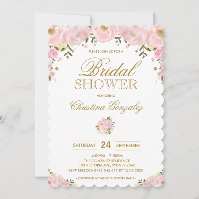 Chic Blush Pink Gold Floral Bridal Shower Invite (Front)