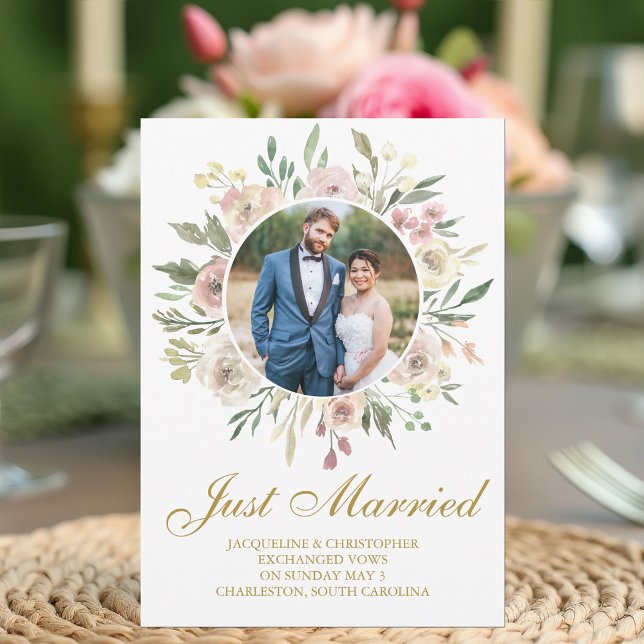 Chic Blush Pink Gold Floral Newlywed Photo Wedding Announcement (Creator Uploaded)