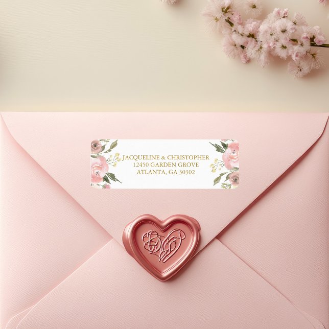 Chic Blush Pink Gold Floral Wedding Return Address (Creator Uploaded)