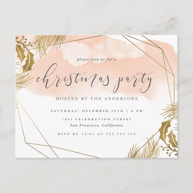 Chic Blush Pink & Gold Foliage Christmas Party Invitation Postcard (Front)